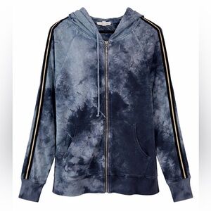 Johnny Was Calmé Navy Tie-Dye Zip Hoodie with Striped Sleeves
